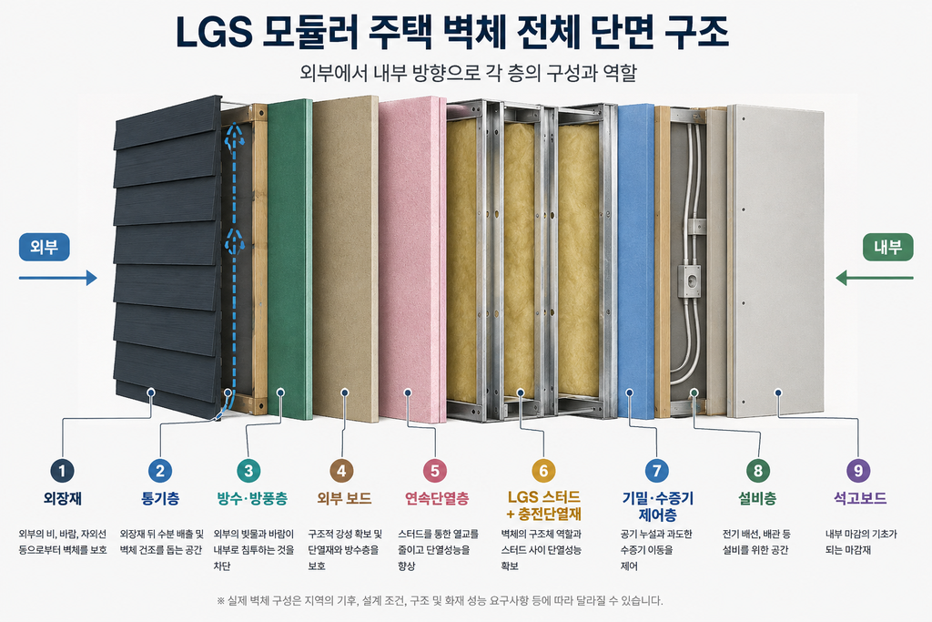 LGS 모듈러 주택 벽체 구조|단열재·방습층·열교 원리 총정리 1 LGS 모듈러 주택 외벽 단면 구조