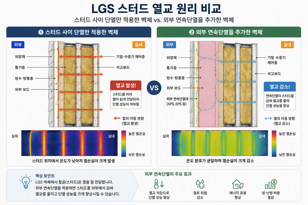 LGS 모듈러 주택 벽체 구조|단열재·방습층·열교 원리 총정리 2 LGS 스터드 열교와 연속단열 비교
