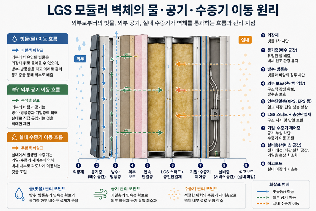 LGS 모듈러 주택 벽체 구조|단열재·방습층·열교 원리 총정리 3 LGS 모듈러 벽체 수분과 공기 이동 원리