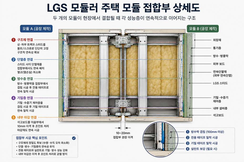 LGS 모듈러 주택 벽체 구조|단열재·방습층·열교 원리 총정리 4 LGS 모듈러 주택 모듈 접합부 구조