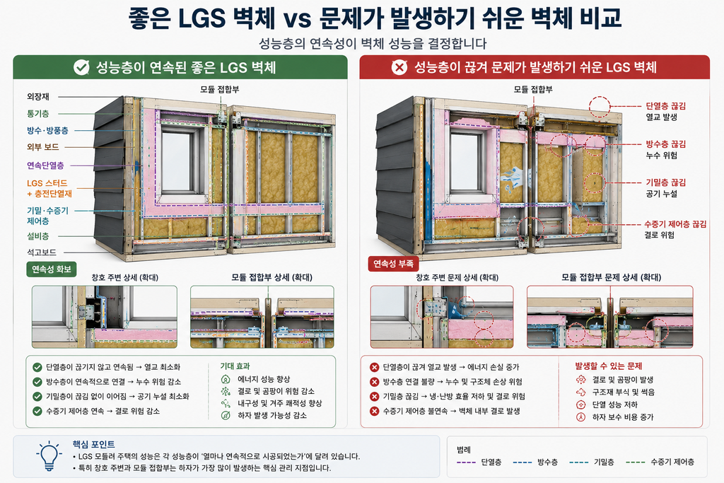 LGS 모듈러 주택 벽체 구조|단열재·방습층·열교 원리 총정리 5 LGS 모듈러 주택 벽체 시공 품질 비교
