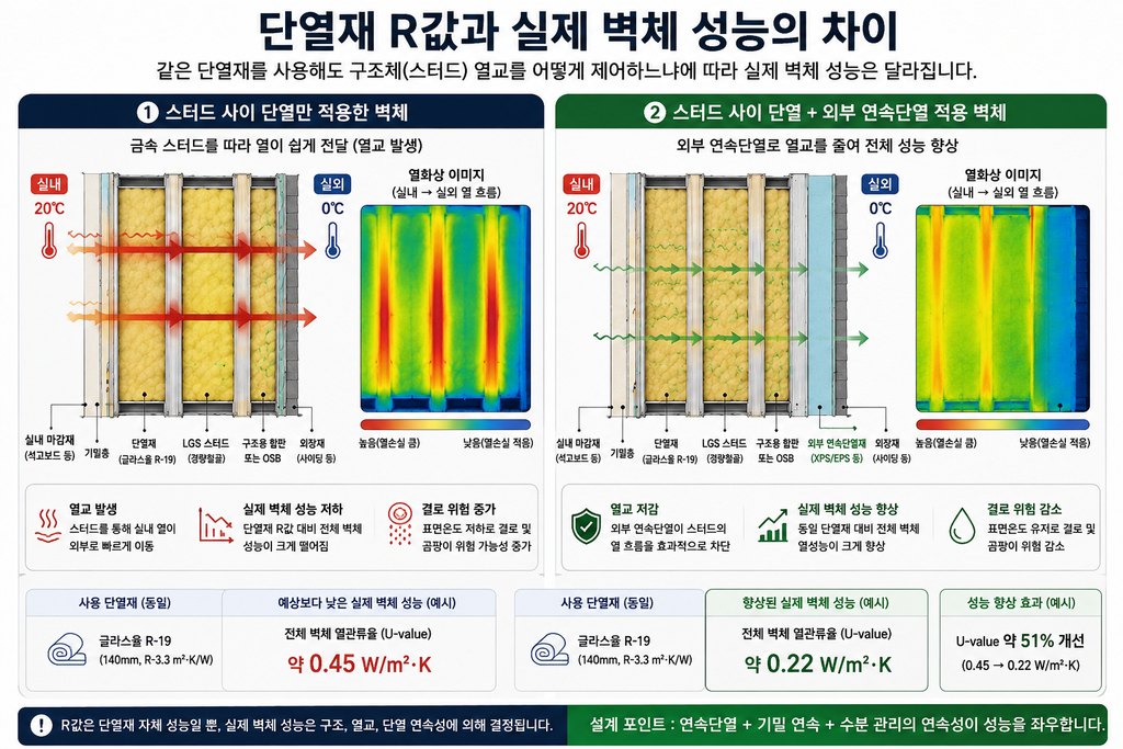 LGS 모듈러 주택 열교 원인과 해결 방법|단열성능을 떨어뜨리는 숨은 통로 2 LGS 단열재 성능과 전체 벽체 열교 비교