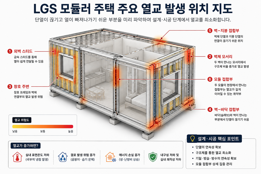 LGS 모듈러 주택 열교 원인과 해결 방법|단열성능을 떨어뜨리는 숨은 통로 3 LGS 모듈러 주택 주요 열교 발생 위치