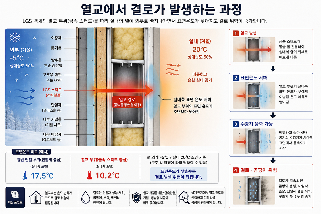 LGS 모듈러 주택 열교 원인과 해결 방법|단열성능을 떨어뜨리는 숨은 통로 4 LGS 열교와 벽체 결로 발생 과정
