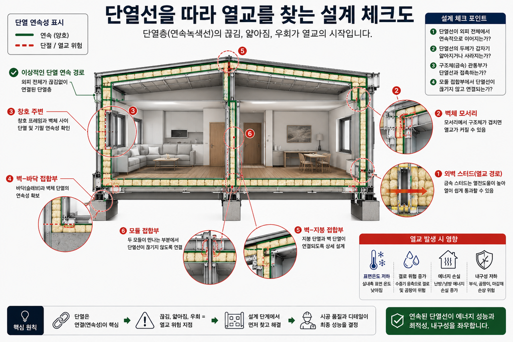 LGS 모듈러 주택 열교 원인과 해결 방법|단열성능을 떨어뜨리는 숨은 통로 5 LGS 모듈러 주택 단열 연속성 열교 체크