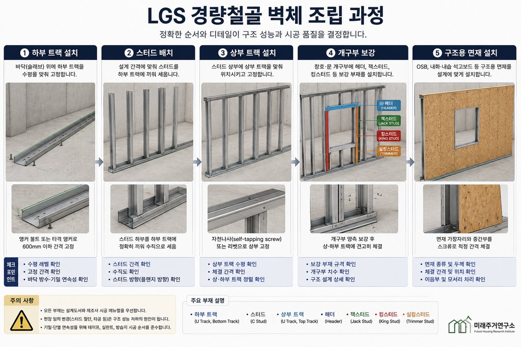 LGS 경량철골 스터드란? 모듈러 주택 구조재의 두께·도금·규격 선택법 2 LGS 경량철골 벽체 조립 과정
