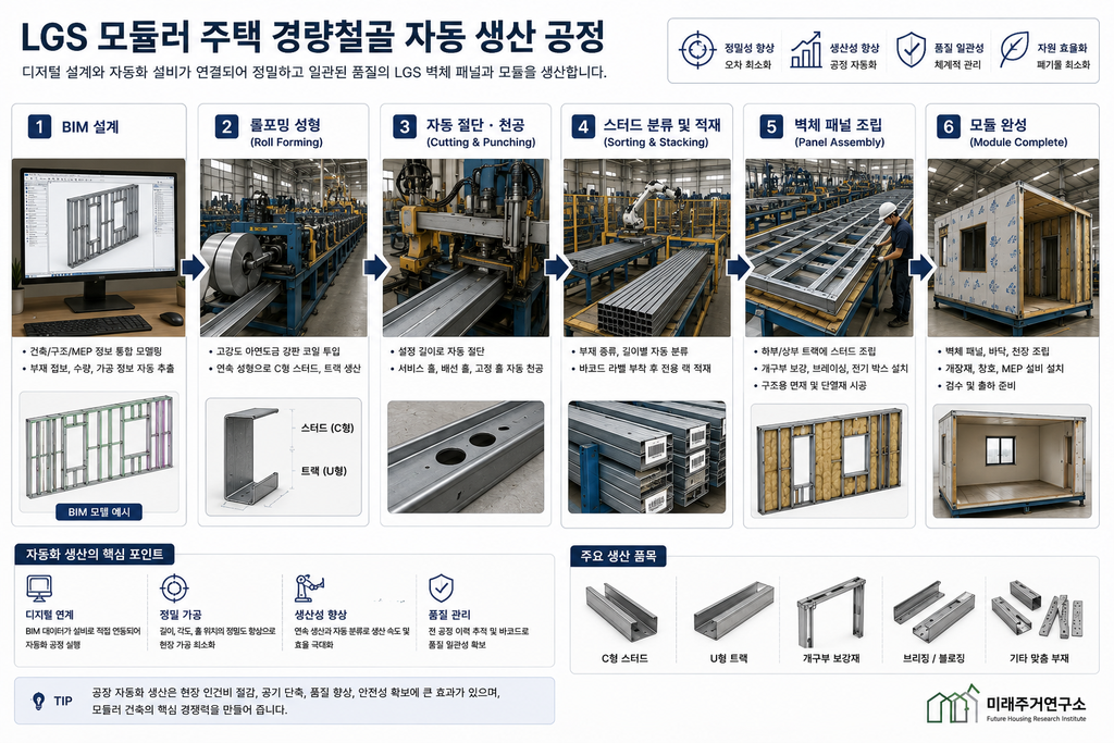 LGS 경량철골 스터드란? 모듈러 주택 구조재의 두께·도금·규격 선택법 4 LGS 모듈러 주택 경량철골 자동 생산 공정