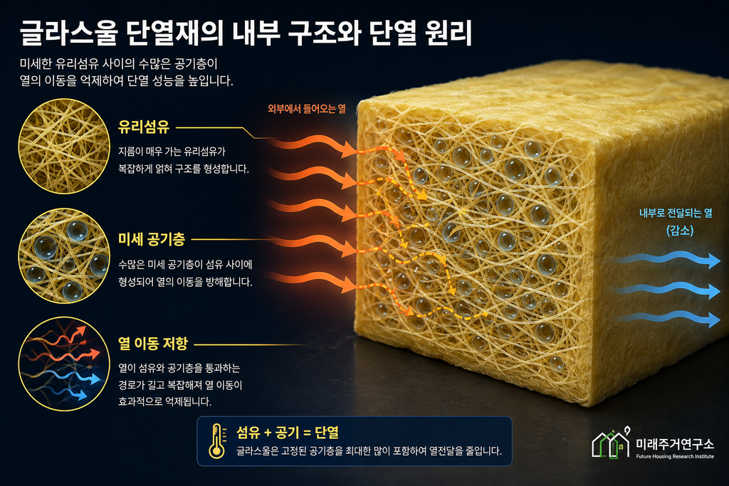 글라스울 단열재란? LGS 모듈러 주택 단열 성능과 선택 기준 1 글라스울 단열 원리 인포그래픽