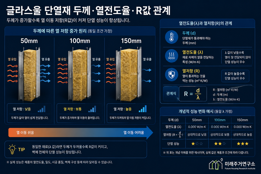 글라스울 단열재란? LGS 모듈러 주택 단열 성능과 선택 기준 2 글라스울 단열재 두께와 열저항 인포그래픽