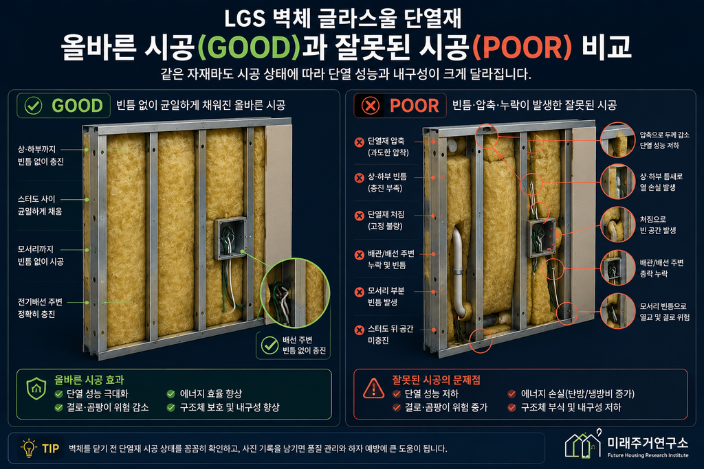 글라스울 단열재란? LGS 모듈러 주택 단열 성능과 선택 기준 3 LGS 글라스울 단열 시공 비교