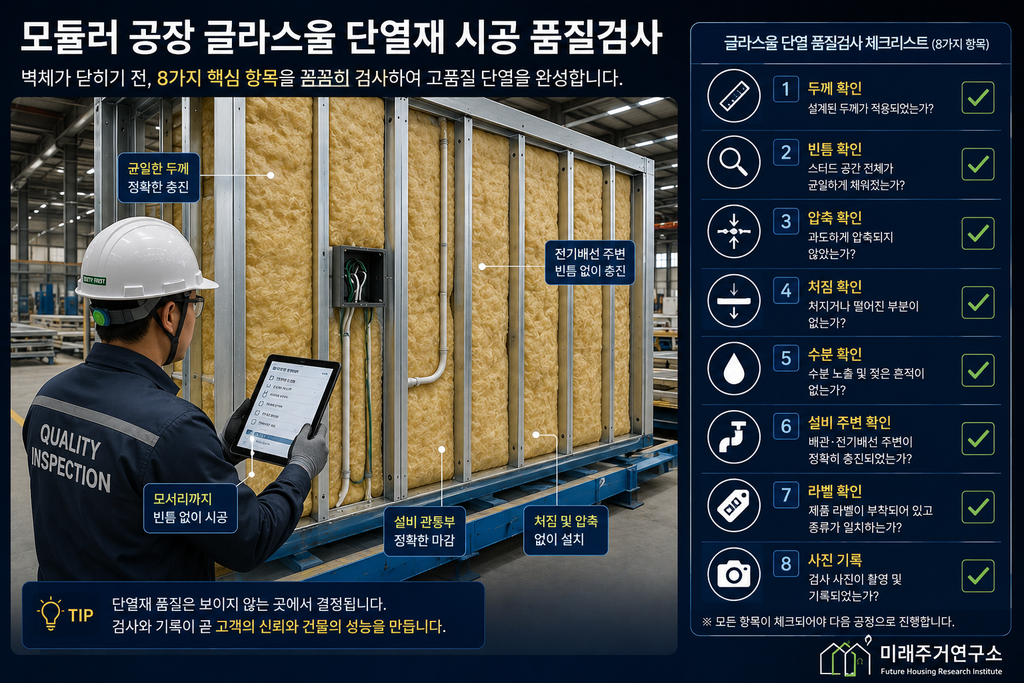 글라스울 단열재란? LGS 모듈러 주택 단열 성능과 선택 기준 5 모듈러 공장 글라스울 품질검사