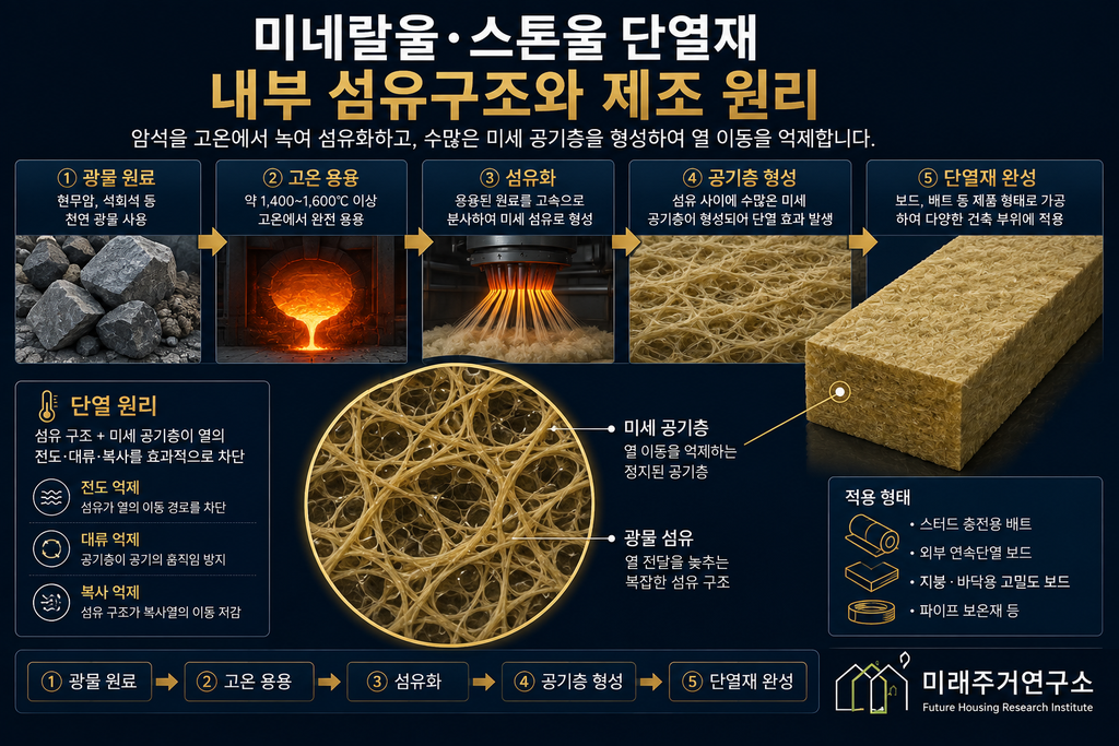 미네랄울·스톤울 단열재란? LGS 모듈러 주택 성능과 선택 기준 1 미네랄울 제조와 단열 원리 인포그래픽