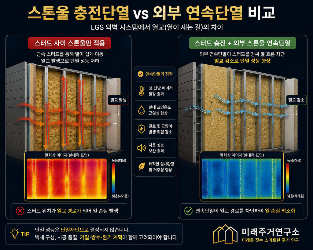 미네랄울·스톤울 단열재란? LGS 모듈러 주택 성능과 선택 기준 3 스톤울 단열 열교 비교 인포그래픽
