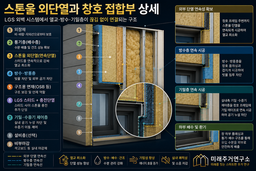 미네랄울·스톤울 단열재란? LGS 모듈러 주택 성능과 선택 기준 4 스톤울 외단열 창호 접합부 상세