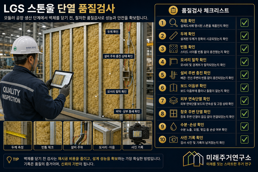 미네랄울·스톤울 단열재란? LGS 모듈러 주택 성능과 선택 기준 5 LGS 스톤울 단열 품질검사 인포그래픽