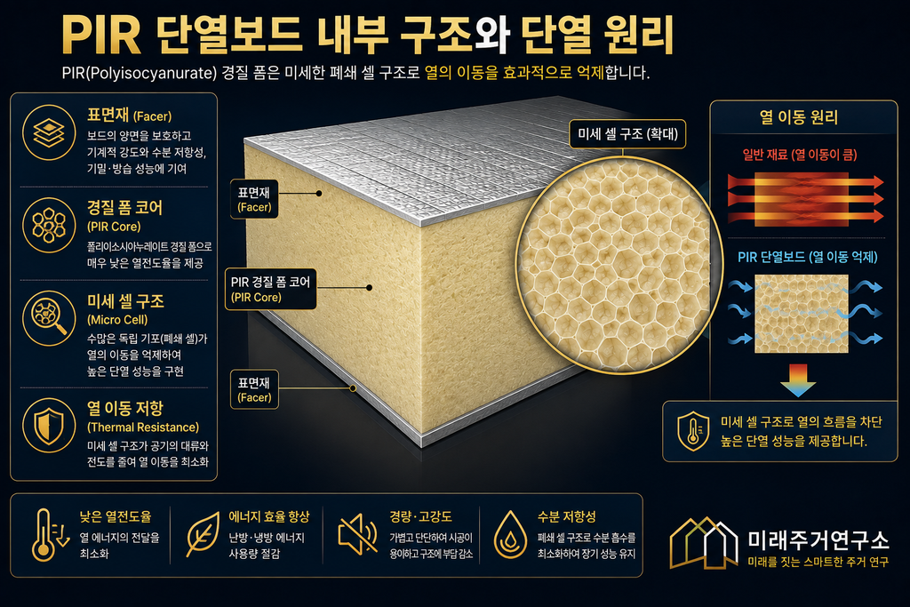 PIR 단열재란? LGS 모듈러 주택 외단열 성능과 선택 기준 1 PIR 단열보드 구조와 열차단 원리