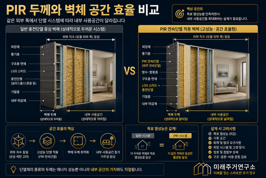 PIR 단열재란? LGS 모듈러 주택 외단열 성능과 선택 기준 2 PIR 단열 벽체 공간 효율 비교