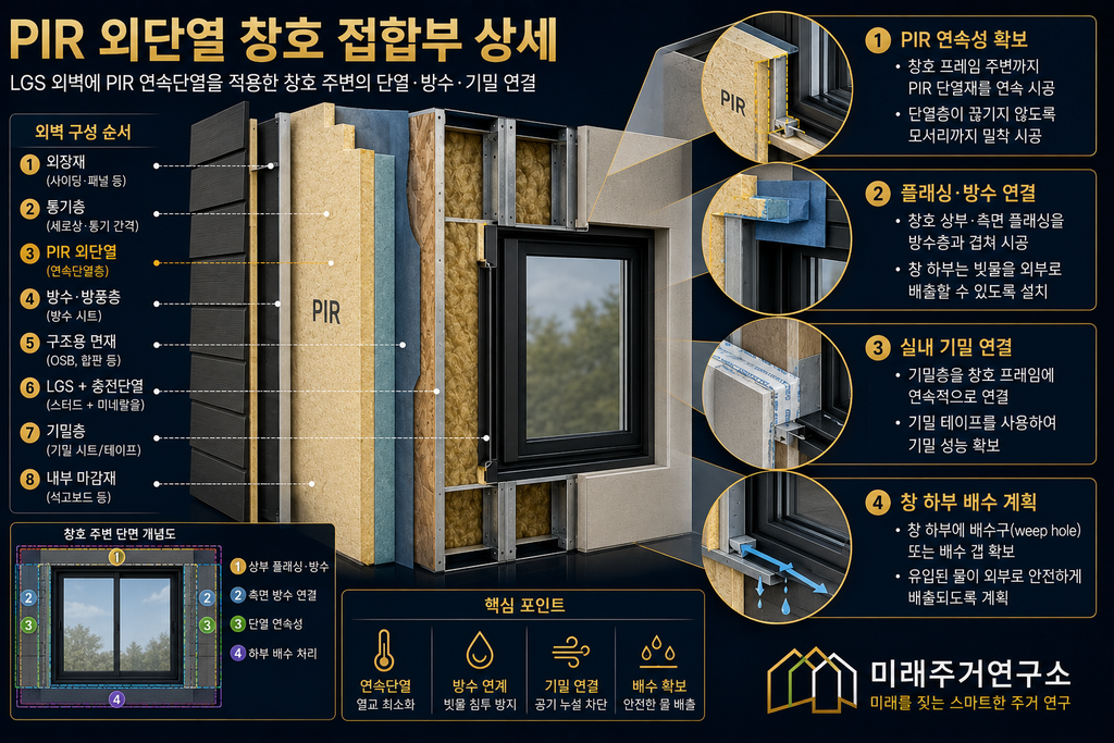 PIR 단열재란? LGS 모듈러 주택 외단열 성능과 선택 기준 4 PIR 외단열 창호 접합부 상세