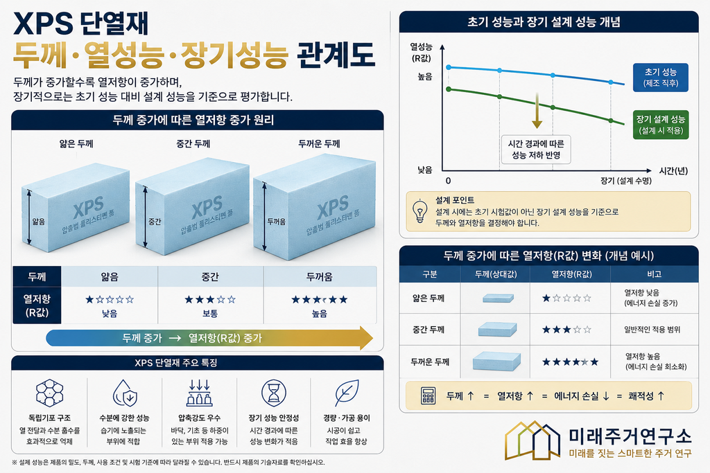 XPS 단열재란? LGS 모듈러 주택 바닥·기초 단열과 선택 기준 2 XPS 단열재 두께·열성능 인포그래픽