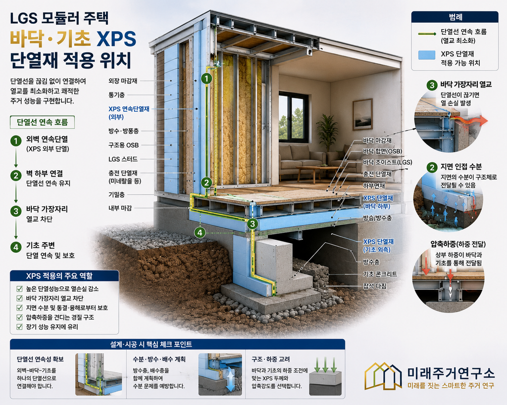 XPS 단열재란? LGS 모듈러 주택 바닥·기초 단열과 선택 기준 3 LGS 모듈러 주택 XPS 단열 구조 인포그래픽