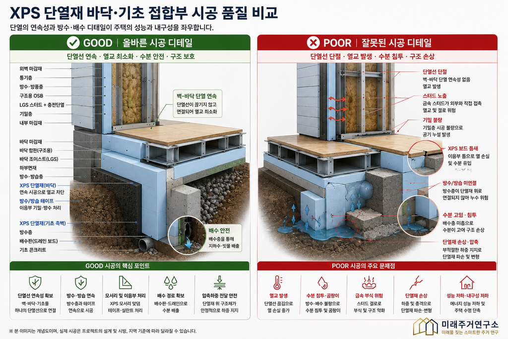 XPS 단열재란? LGS 모듈러 주택 바닥·기초 단열과 선택 기준 4 XPS 단열 접합부 시공 품질 비교