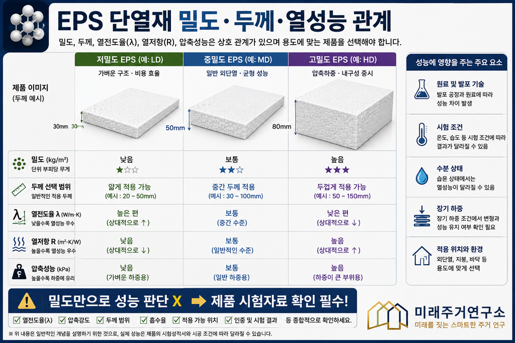 EPS 단열재란? LGS 모듈러 주택 외단열 성능과 선택 기준 2 EPS 단열재 밀도 두께 열성능 관계