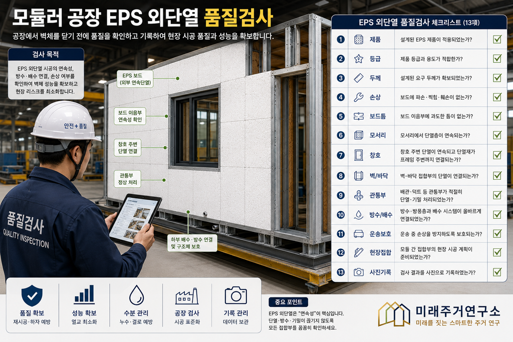 EPS 단열재란? LGS 모듈러 주택 외단열 성능과 선택 기준 5 모듈러 공장 EPS 외단열 품질검사 체크리스트