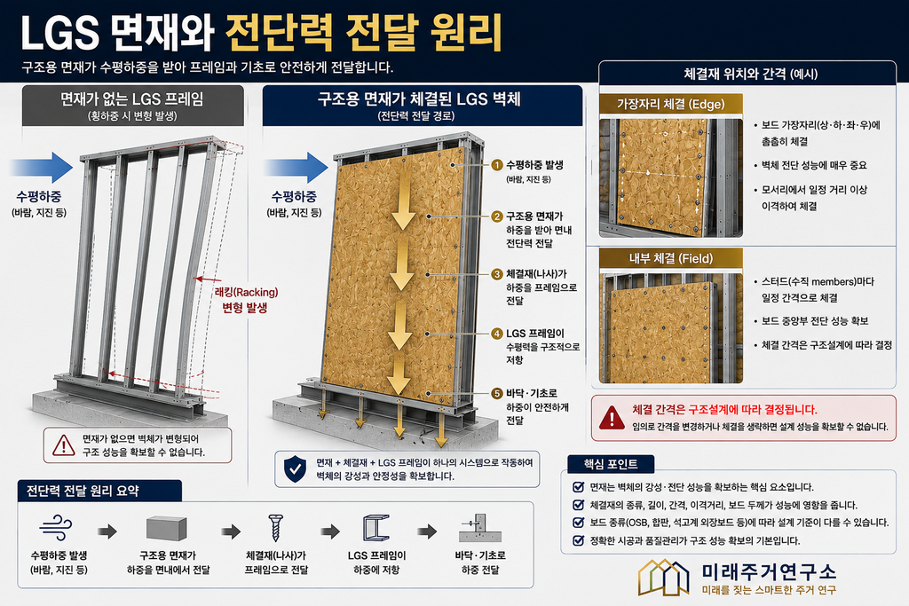 LGS 구조용 면재란? OSB·합판·석고계 외장보드 선택 기준 2 LGS 전단력 전달 원리 인포그래픽