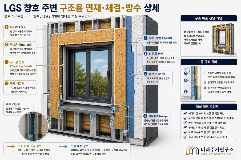 LGS 구조용 면재란? OSB·합판·석고계 외장보드 선택 기준 4 LGS 창호 개구부 구조·방수 상세 도해