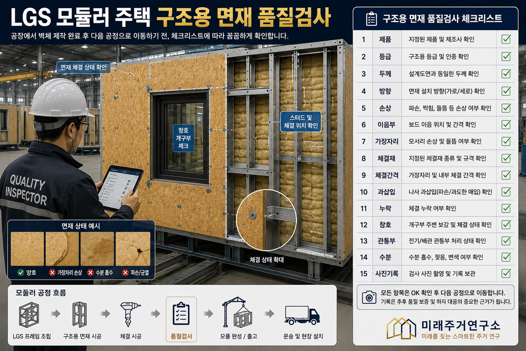 LGS 구조용 면재란? OSB·합판·석고계 외장보드 선택 기준 5 LGS 모듈러 구조용 면재 품질검사 가이드