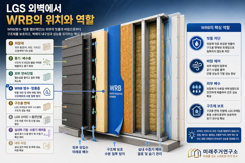 LGS 방수·방풍 멤브레인(WRB)이란? 투습방수지 시공과 외벽 수분관리 원리 1 LGS 외벽 WRB 구조 인포그래픽