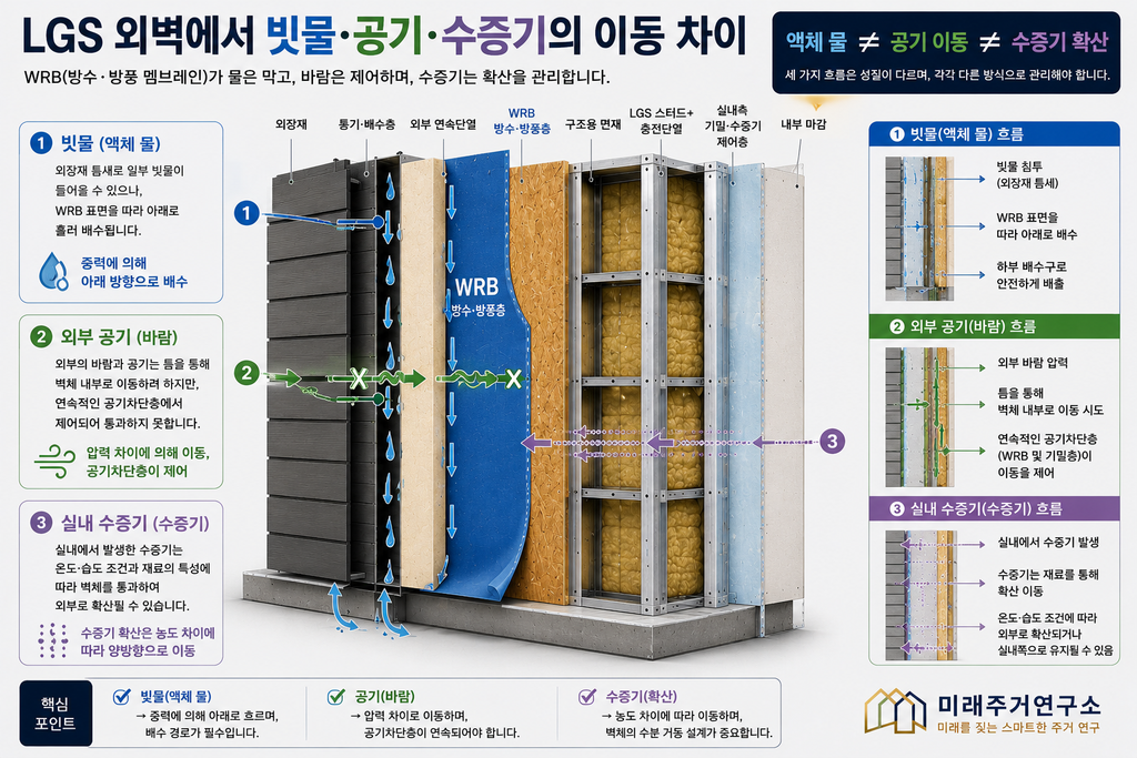 LGS 방수·방풍 멤브레인(WRB)이란? 투습방수지 시공과 외벽 수분관리 원리 2 LGS 외벽의 빗물·공기·수증기 이동 안내
