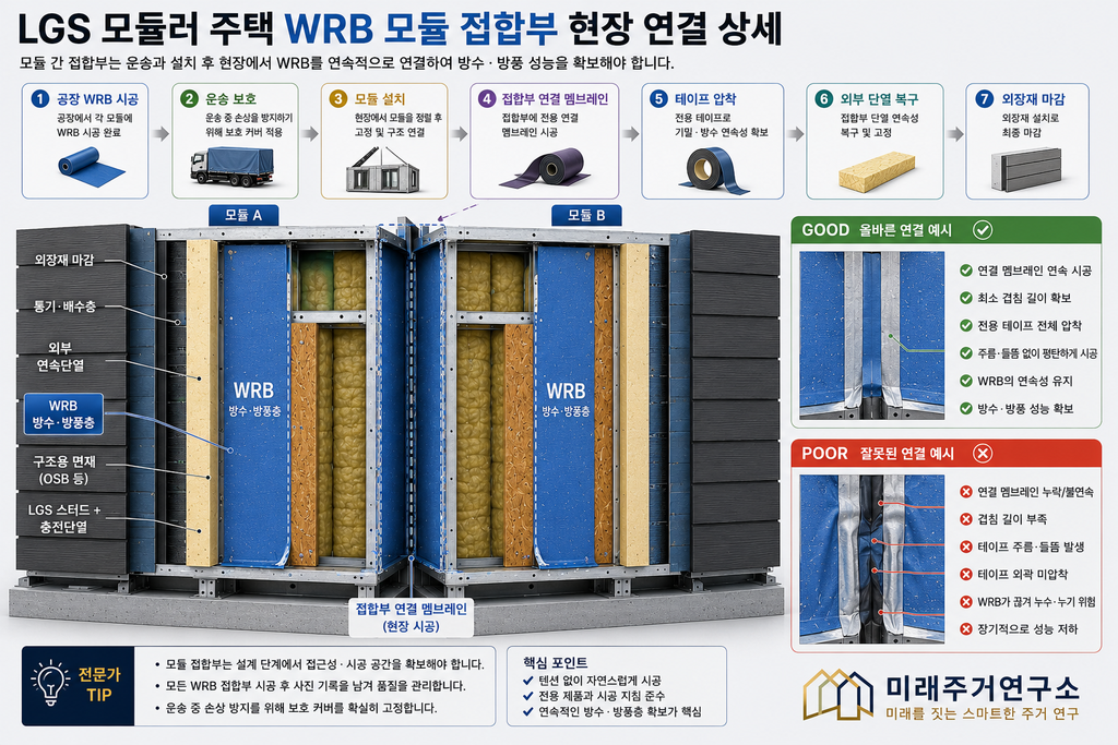 LGS 방수·방풍 멤브레인(WRB)이란? 투습방수지 시공과 외벽 수분관리 원리 4 LGS 모듈러 WRB 접합부 시공 가이드