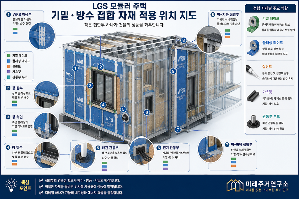 LGS 기밀 테이프·플래싱 테이프란? 창호·관통부·WRB 접합 자재 선택 기준 1 LGS 모듈러 주택 기밀·방수 접합 지도