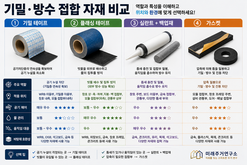 LGS 기밀 테이프·플래싱 테이프란? 창호·관통부·WRB 접합 자재 선택 기준 2 기밀·방수 접합 자재 비교 인포그래픽