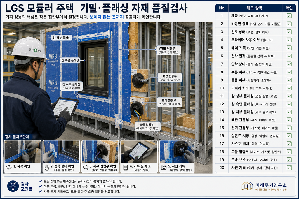 LGS 기밀 테이프·플래싱 테이프란? 창호·관통부·WRB 접합 자재 선택 기준 5 LGS 모듈러 주택 품질검사 체크리스트