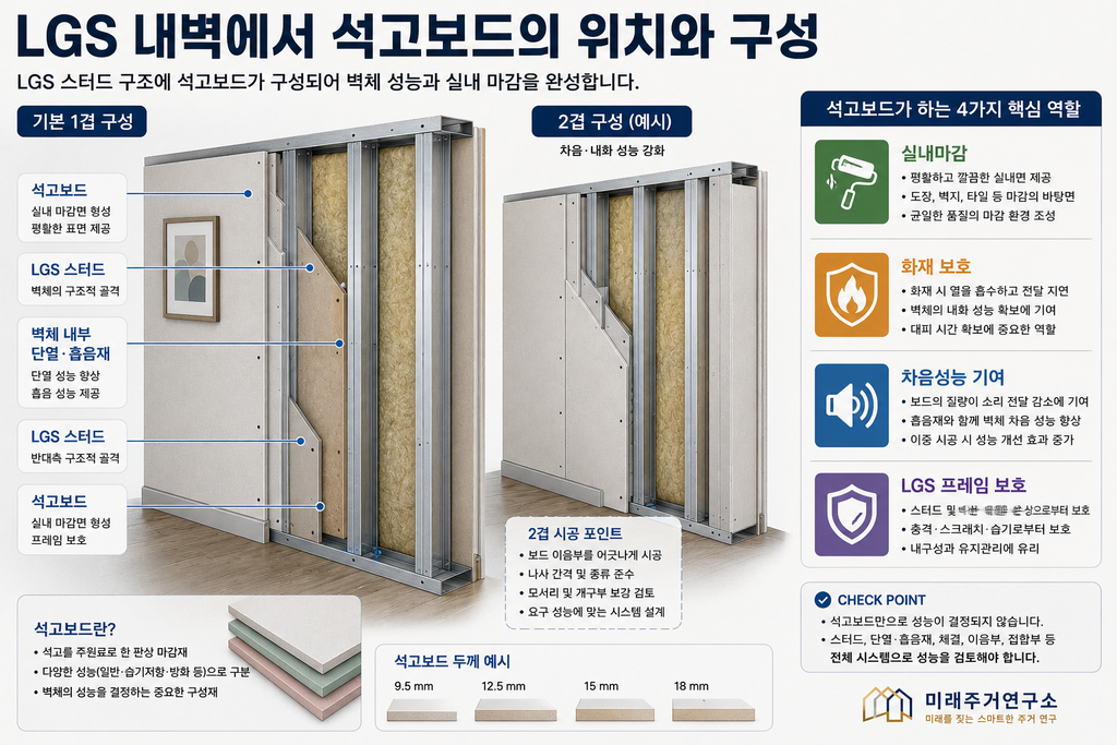LGS 석고보드란? 일반·방수·방화 석고보드와 모듈러 내벽 선택 기준 1 LGS 석고보드 구성 인포그래픽