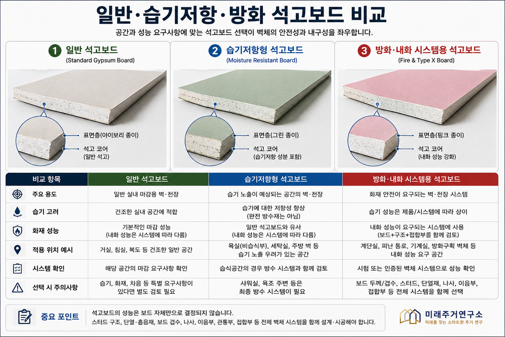 LGS 석고보드란? 일반·방수·방화 석고보드와 모듈러 내벽 선택 기준 2 일반·습기저항·방화 석고보드 비교