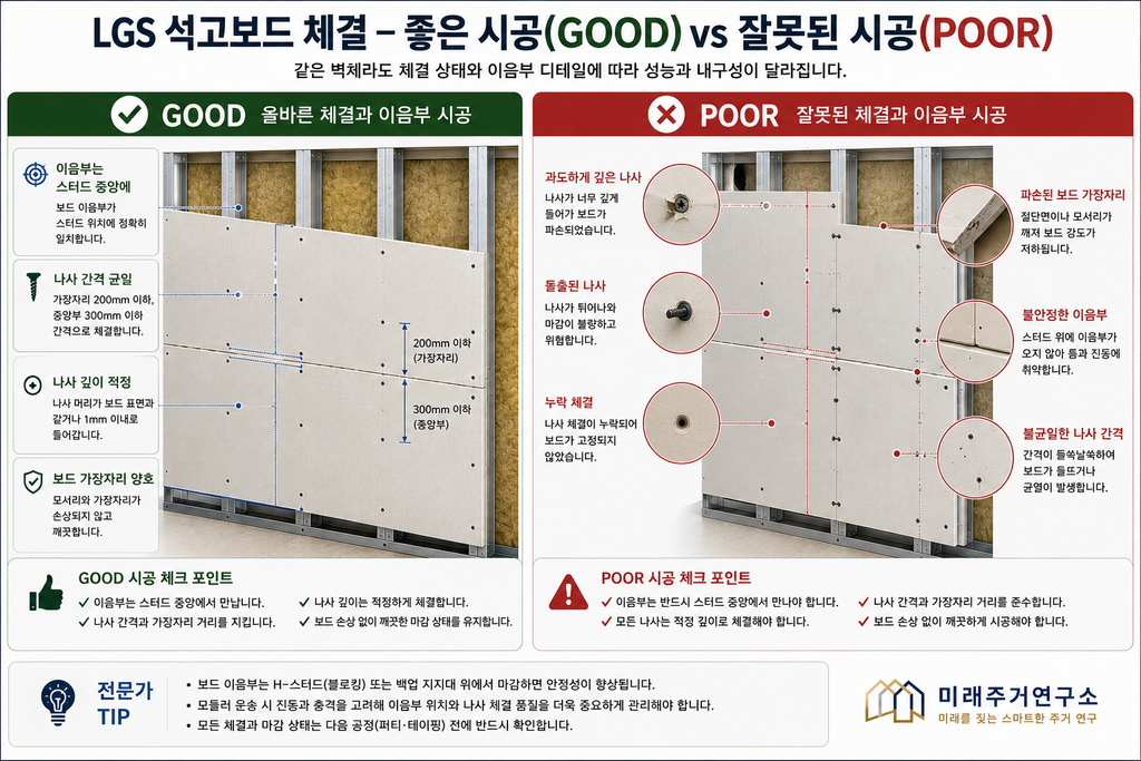 LGS 석고보드란? 일반·방수·방화 석고보드와 모듈러 내벽 선택 기준 3 LGS 석고보드 체결, 좋은 시공과 잘못된 시공