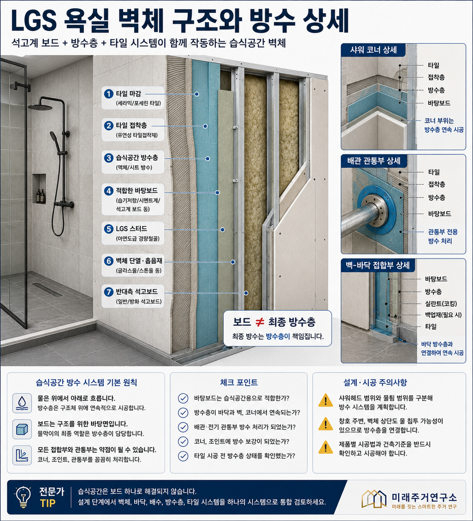LGS 석고보드란? 일반·방수·방화 석고보드와 모듈러 내벽 선택 기준 4 LGS 욕실 벽체 방수 구조 안내서