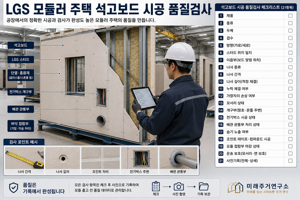 LGS 석고보드란? 일반·방수·방화 석고보드와 모듈러 내벽 선택 기준 5 LGS 모듈러 주택 품질검사 체크리스트