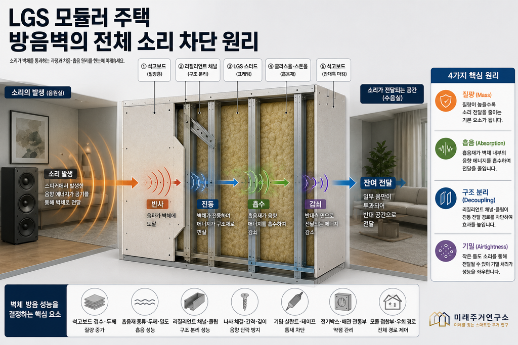 LGS 모듈러 주택 방음재란? 글라스울·스톤울과 차음벽 설계 원리 1 LGS 모듈러 방음벽의 소리 차단 원리