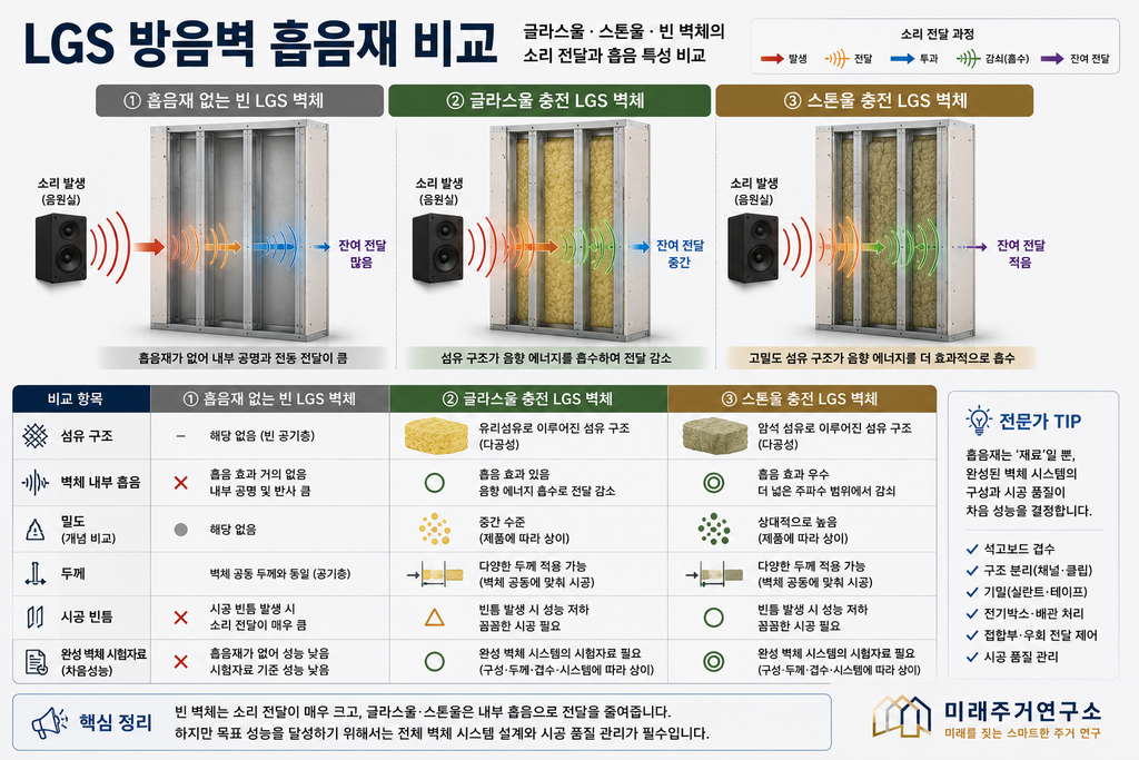 LGS 모듈러 주택 방음재란? 글라스울·스톤울과 차음벽 설계 원리 2 LGS 방음벽 흡음재 비교 인포그래픽