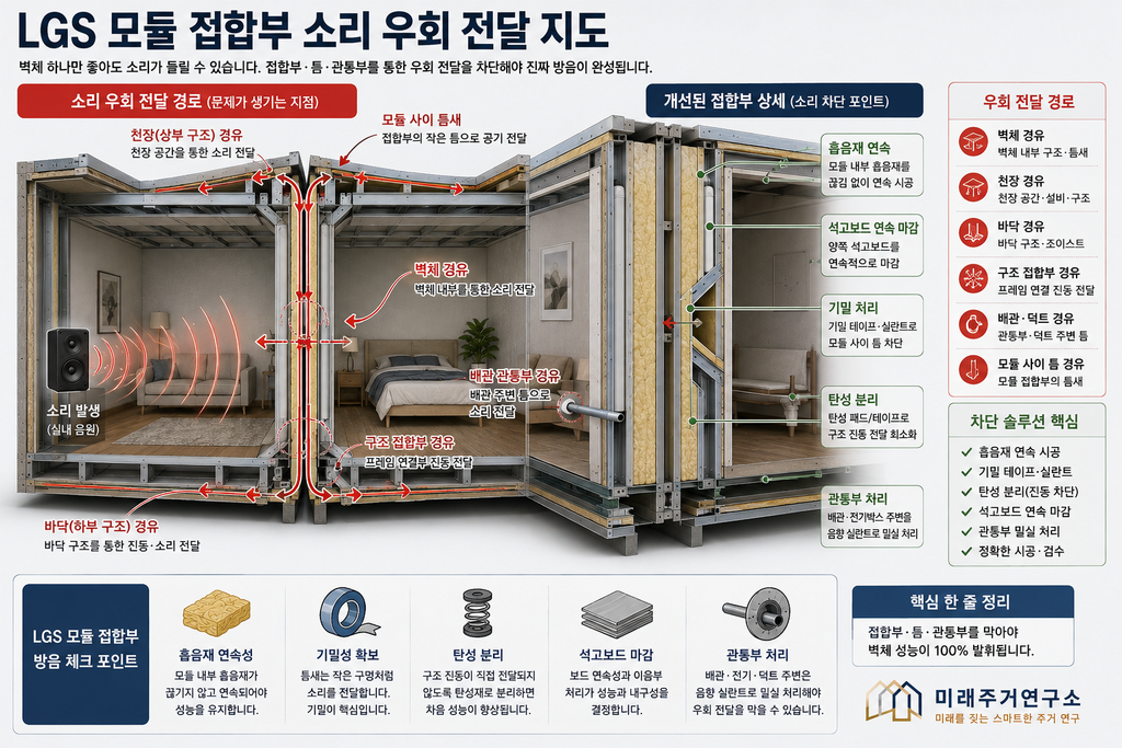 LGS 모듈러 주택 방음재란? 글라스울·스톤울과 차음벽 설계 원리 4 LGS 모듈 접합부 방음 설계 인포그래픽