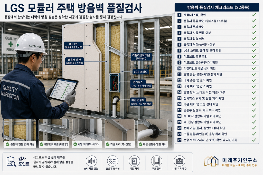LGS 모듈러 주택 방음재란? 글라스울·스톤울과 차음벽 설계 원리 5 LGS 모듈러 방음벽 품질검사 체크리스트