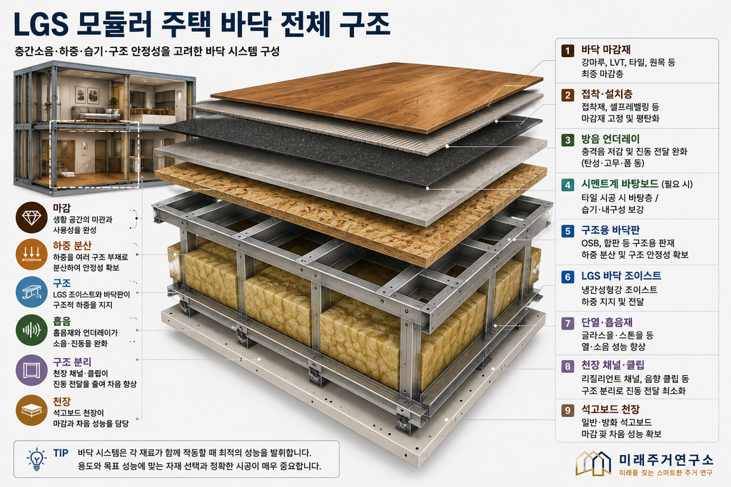 LGS 모듈러 주택 바닥 구조란? 구조용 바닥판·시멘트보드·언더레이 선택 기준 1 LGS 모듈러 주택 바닥 구조 해설