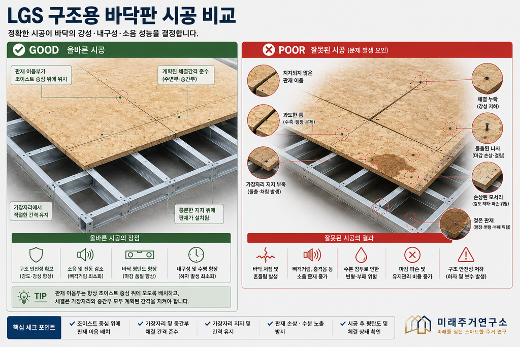 LGS 모듈러 주택 바닥 구조란? 구조용 바닥판·시멘트보드·언더레이 선택 기준 2 LGS 바닥판 올바른 시공 비교