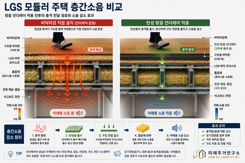 LGS 모듈러 주택 바닥 구조란? 구조용 바닥판·시멘트보드·언더레이 선택 기준 3 LGS 모듈러 주택 층간소음 비교 인포그래픽