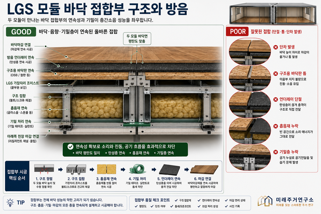 LGS 모듈러 주택 바닥 구조란? 구조용 바닥판·시멘트보드·언더레이 선택 기준 4 LGS 모듈 바닥 접합부 방음 가이드