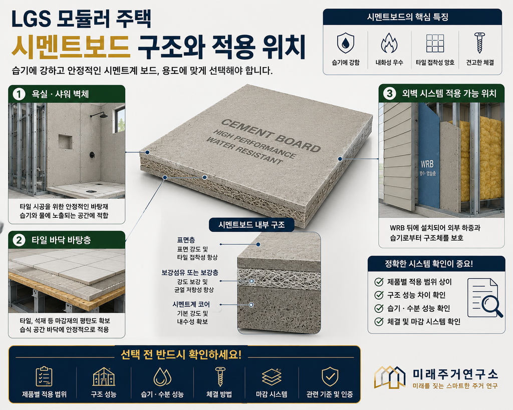 LGS 모듈러 주택 시멘트보드란? 욕실·바닥·외벽용 시멘트계 보드 선택 기준 1 LGS 모듈러 시멘트보드 적용 안내